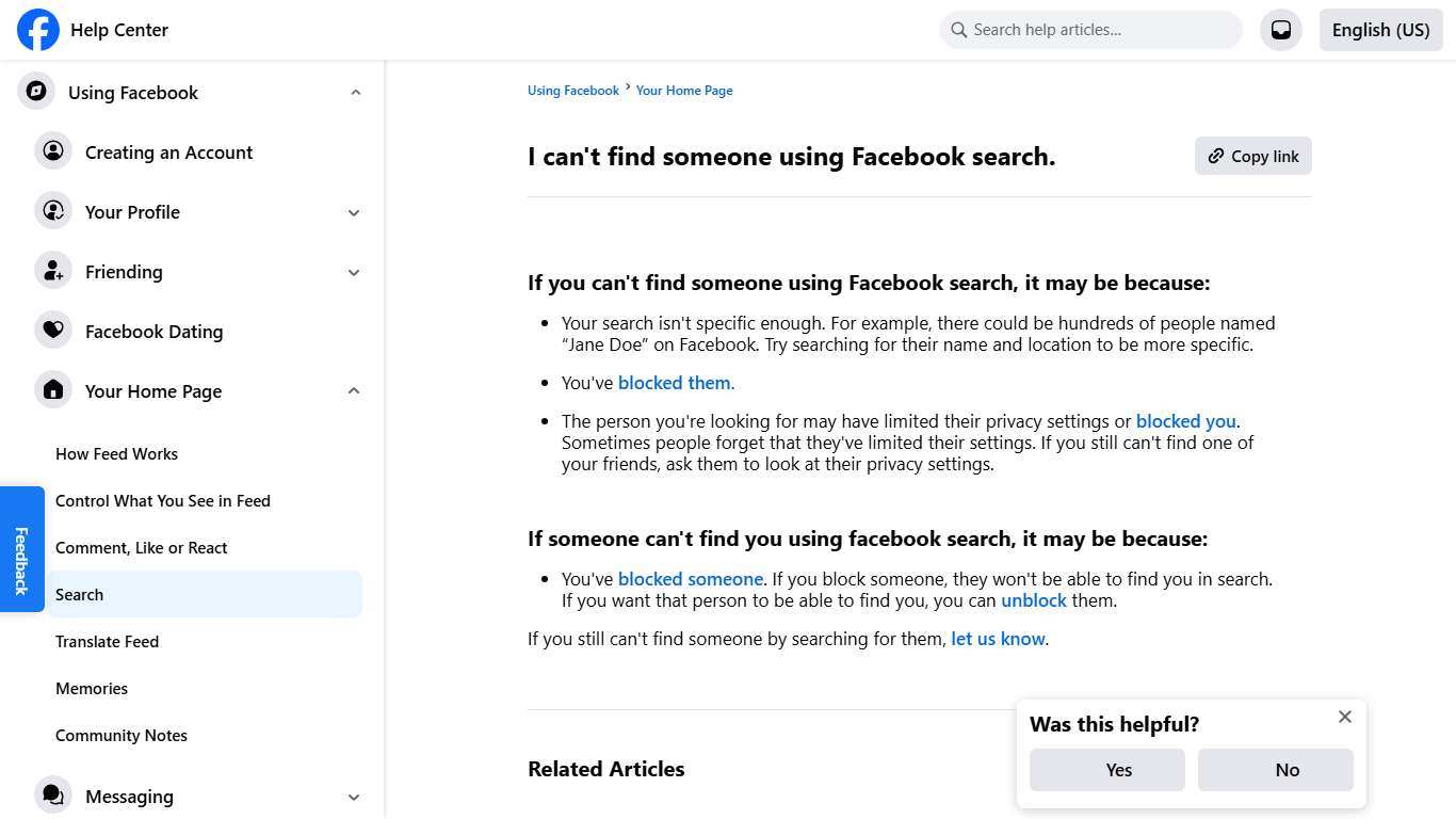 I can't find someone using Facebook search. Facebook Help Center